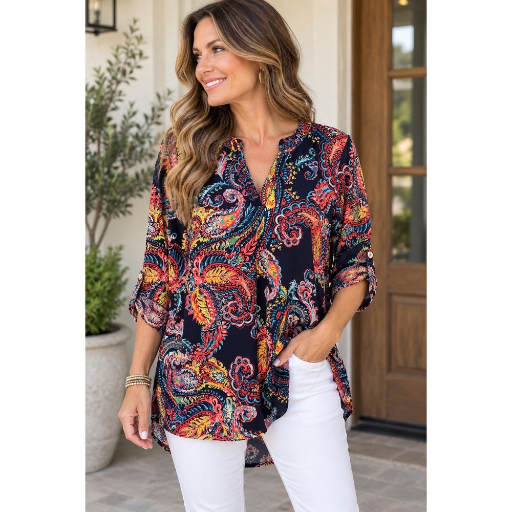 Sew In Love Paisley Tunic Large Navy Multi Color Roll Tab Split Neck Blouse